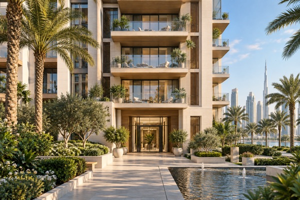 Comunidade residencial contemporânea em Dubai; cena ilustrativa